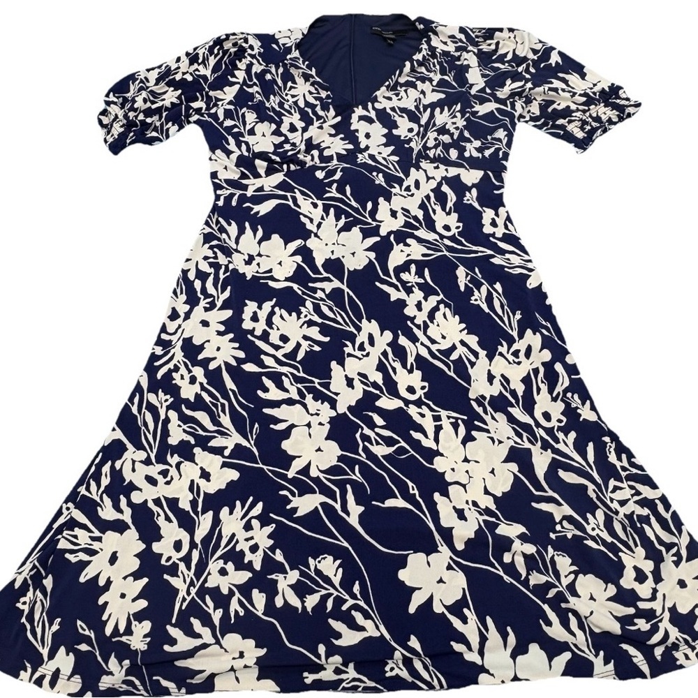 Maggy London Navy Blue & White Floral V-Neck Ruched Dress Empire Waist Size 12